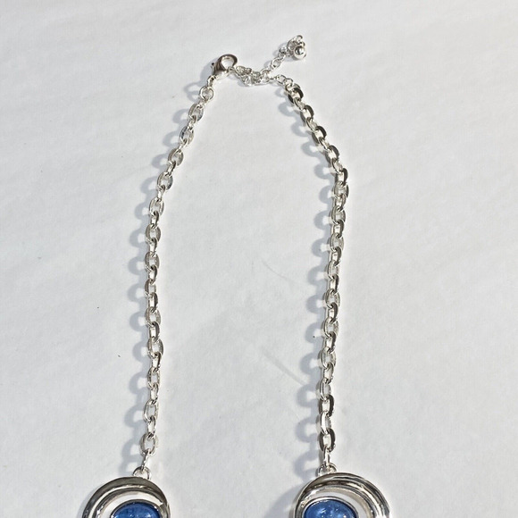 Silver chain fashion necklace collar mod floating blue stone pendants retro chic - Picture 4 of 8